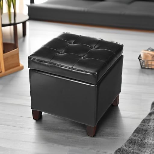 Black Leather Storage Ottoman with Wood Legs