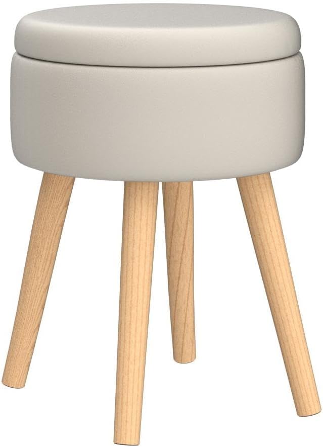 White Linen Round Storage Vanity Stool