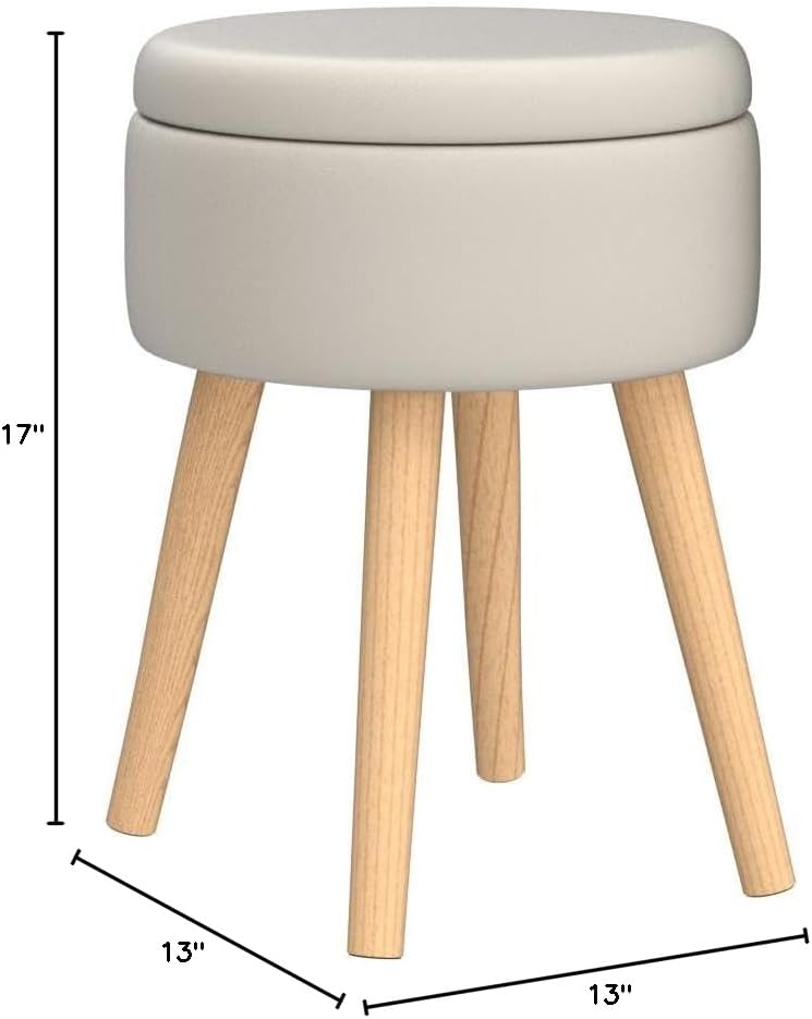 White Linen Round Storage Vanity Stool