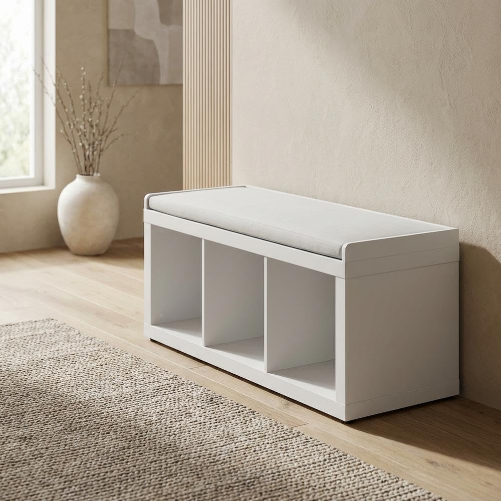 White Wood 3-Cube Cushioned Storage Bench