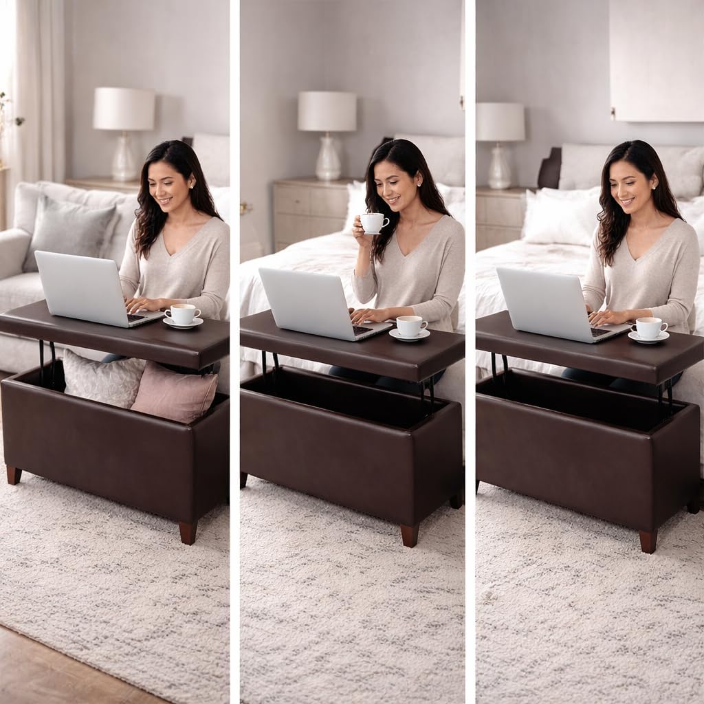 Brown Rectangular Lift Top Storage Ottoman