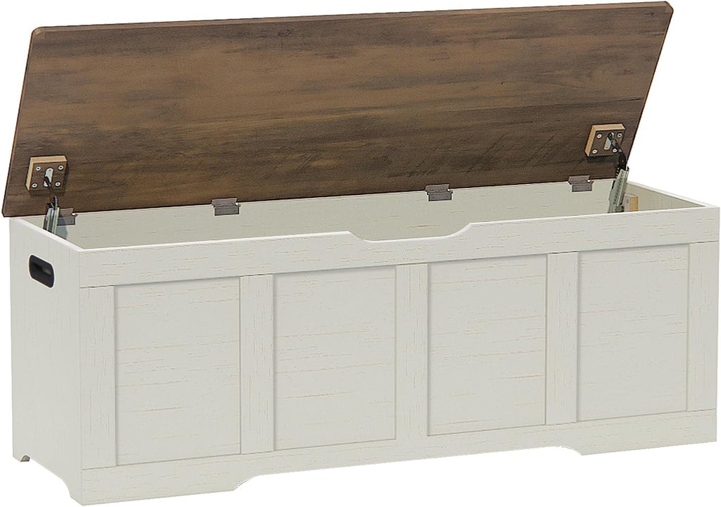 Brown Rustic White Safety Hinge Flip Top Storage Chest Bench