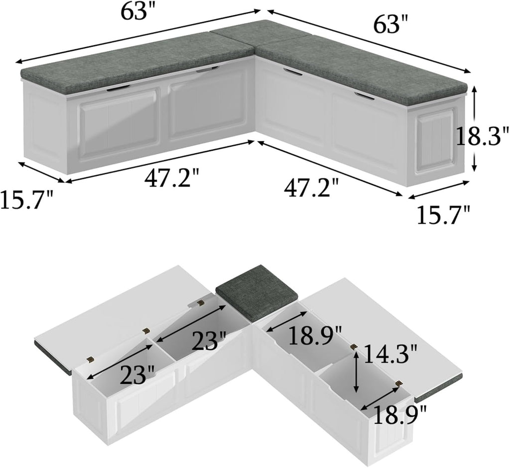 White Grey L-Shaped Storage Breakfast Nook Bench