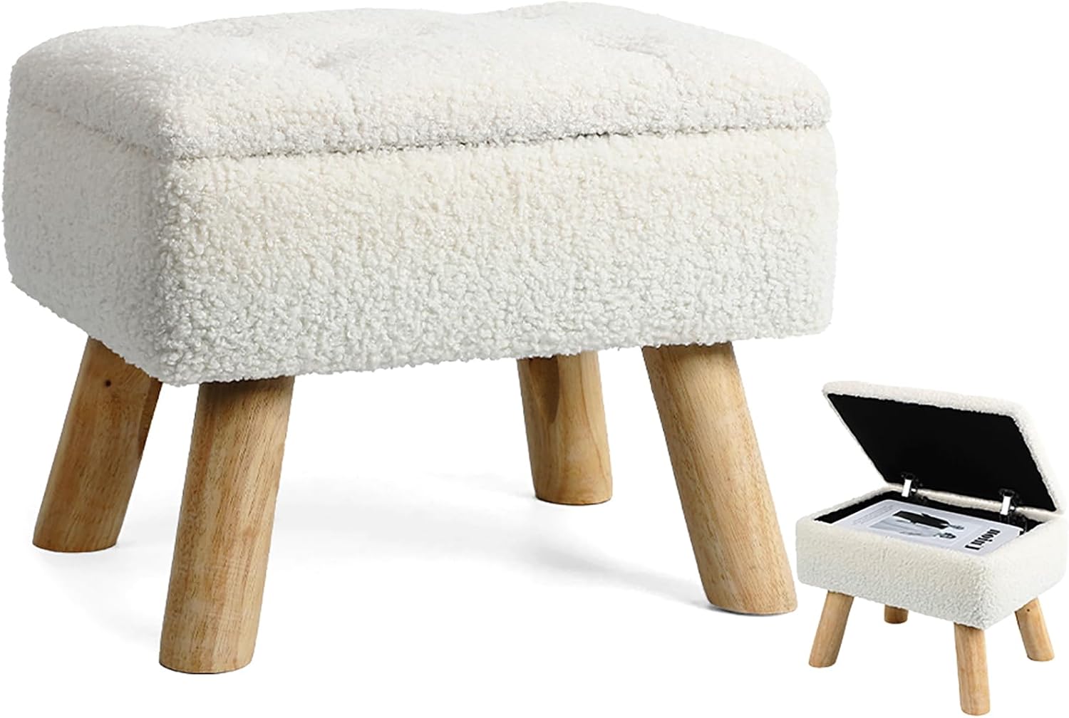 Cream Boucle Storage Foot Stool with Wood Legs