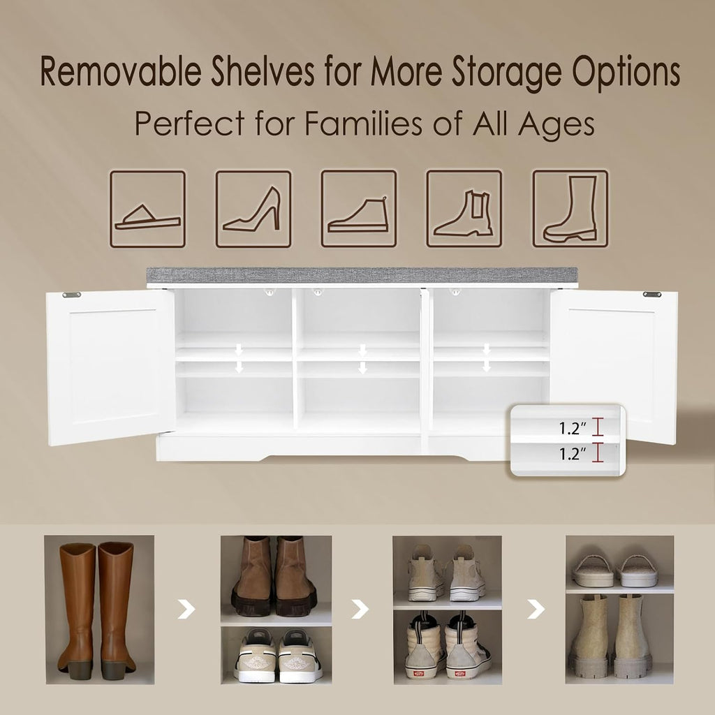 White 6-Cubby Door Storage Shoe Bench with Cushion