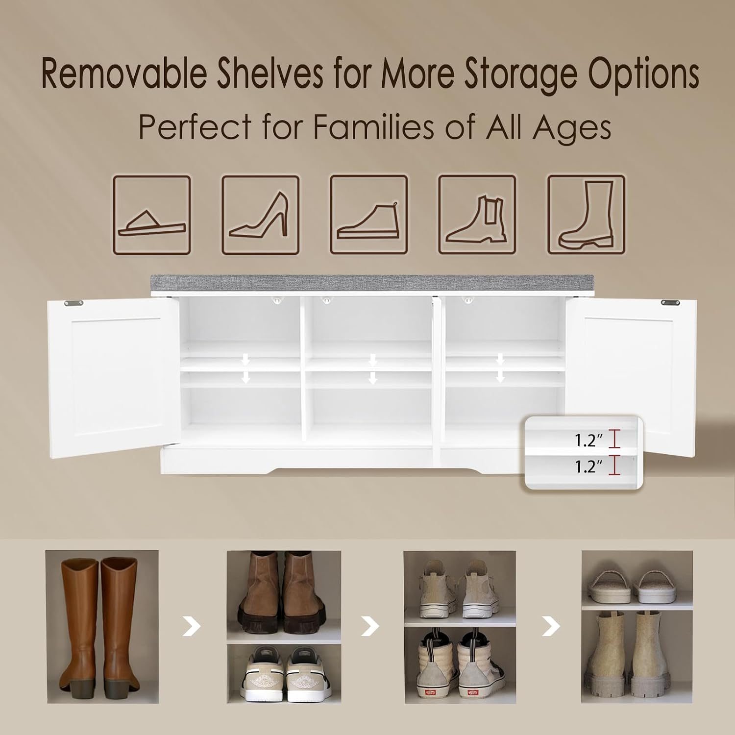 White 6-Cubby Door Storage Shoe Bench with Cushion