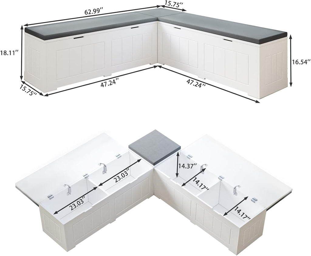 White Grey Flip-Top L-Shaped Storage Nook Bench