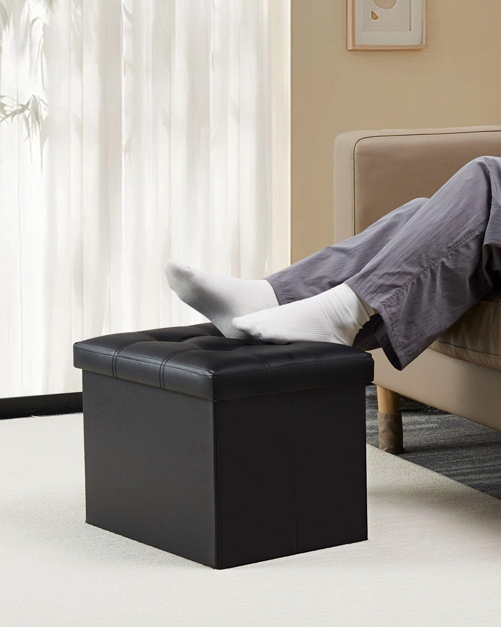 Black 2-Pack Folding Leather Storage Ottomans