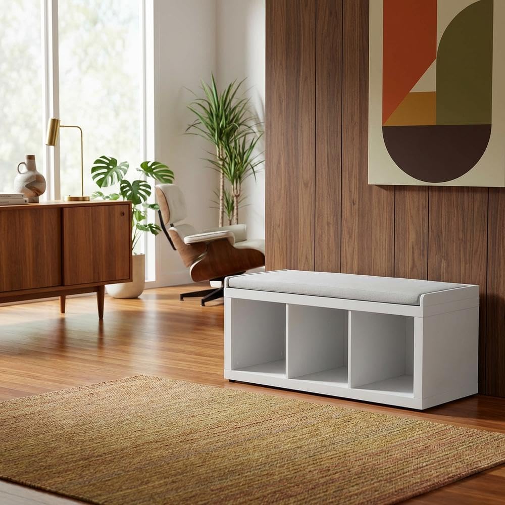 White Wood 3-Cube Cushioned Storage Bench