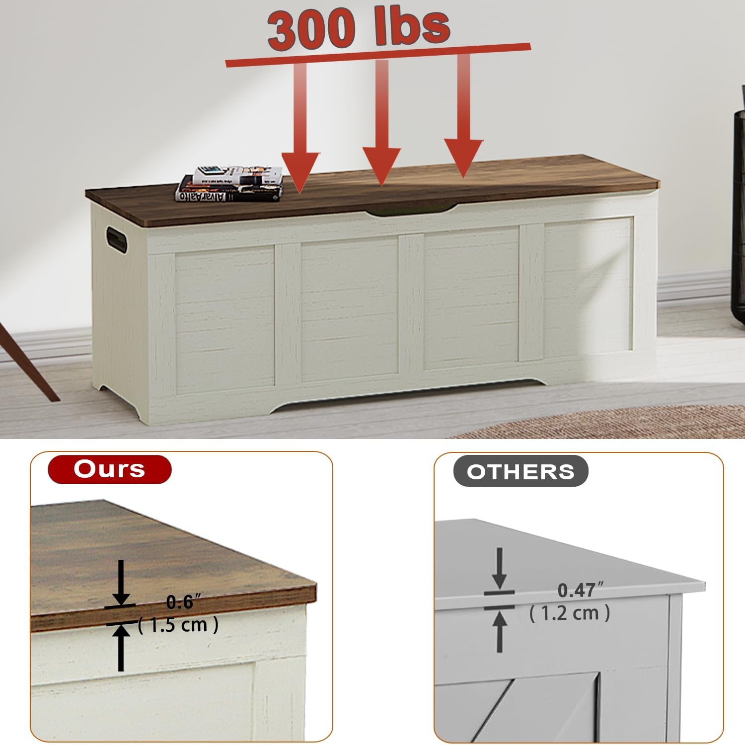 Brown Rustic White Safety Hinge Flip Top Storage Chest Bench