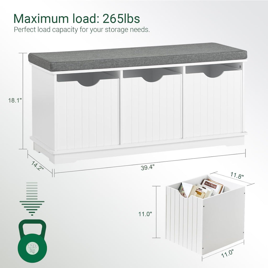 White Drawer Cushioned Storage Shoe Bench