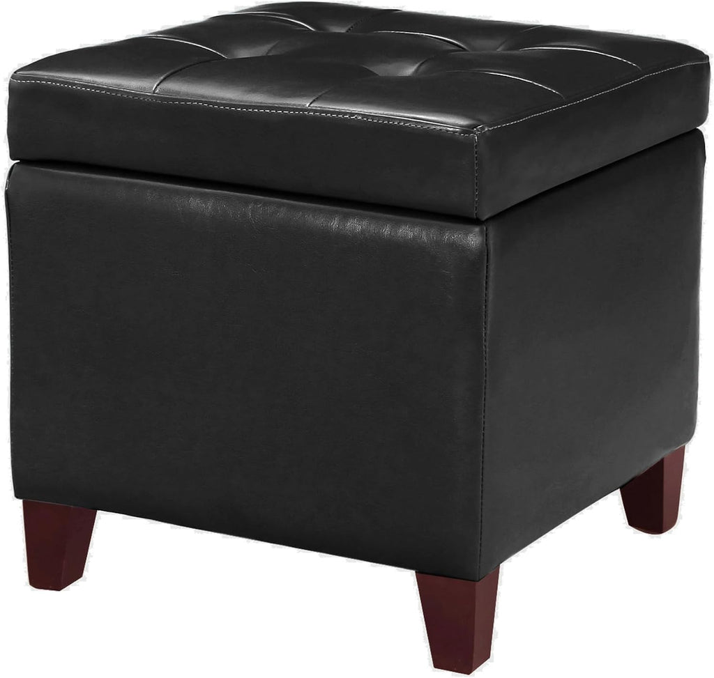 Black Leather Storage Ottoman with Wood Legs