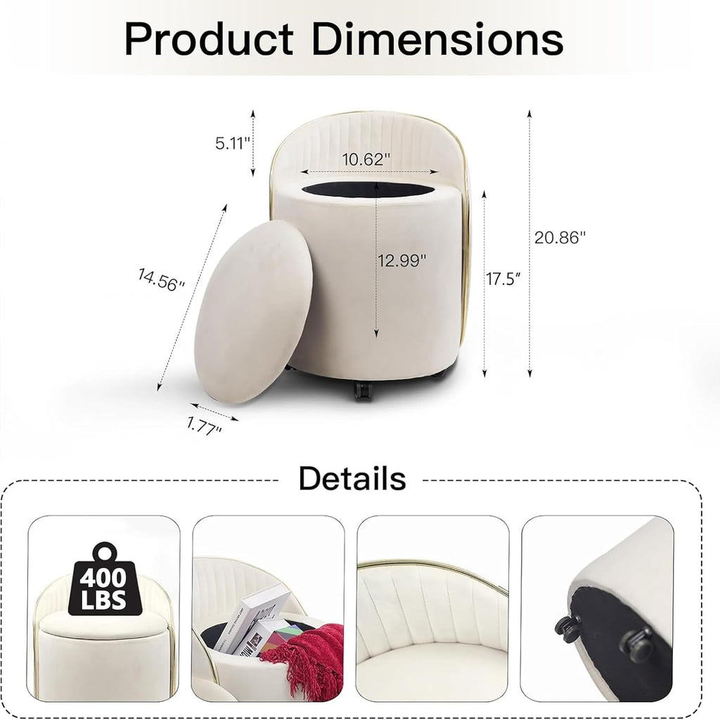 Beige Velvet Swivel Round Storage Ottoman