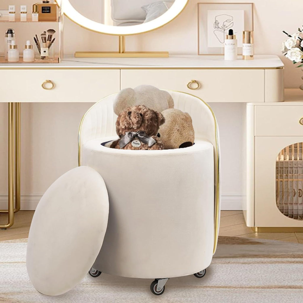 Beige Velvet Swivel Round Storage Ottoman
