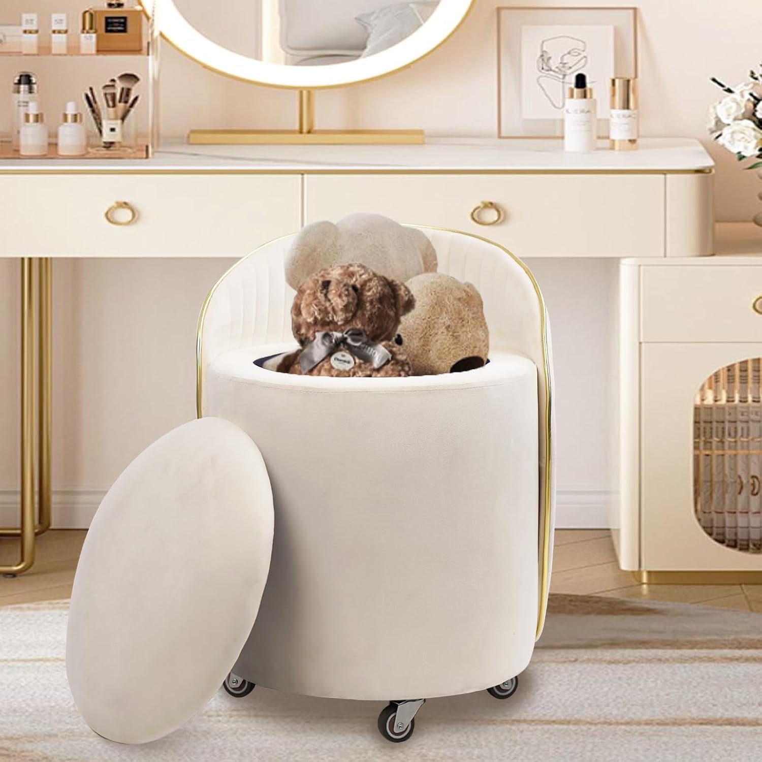 Beige Velvet Swivel Round Storage Ottoman