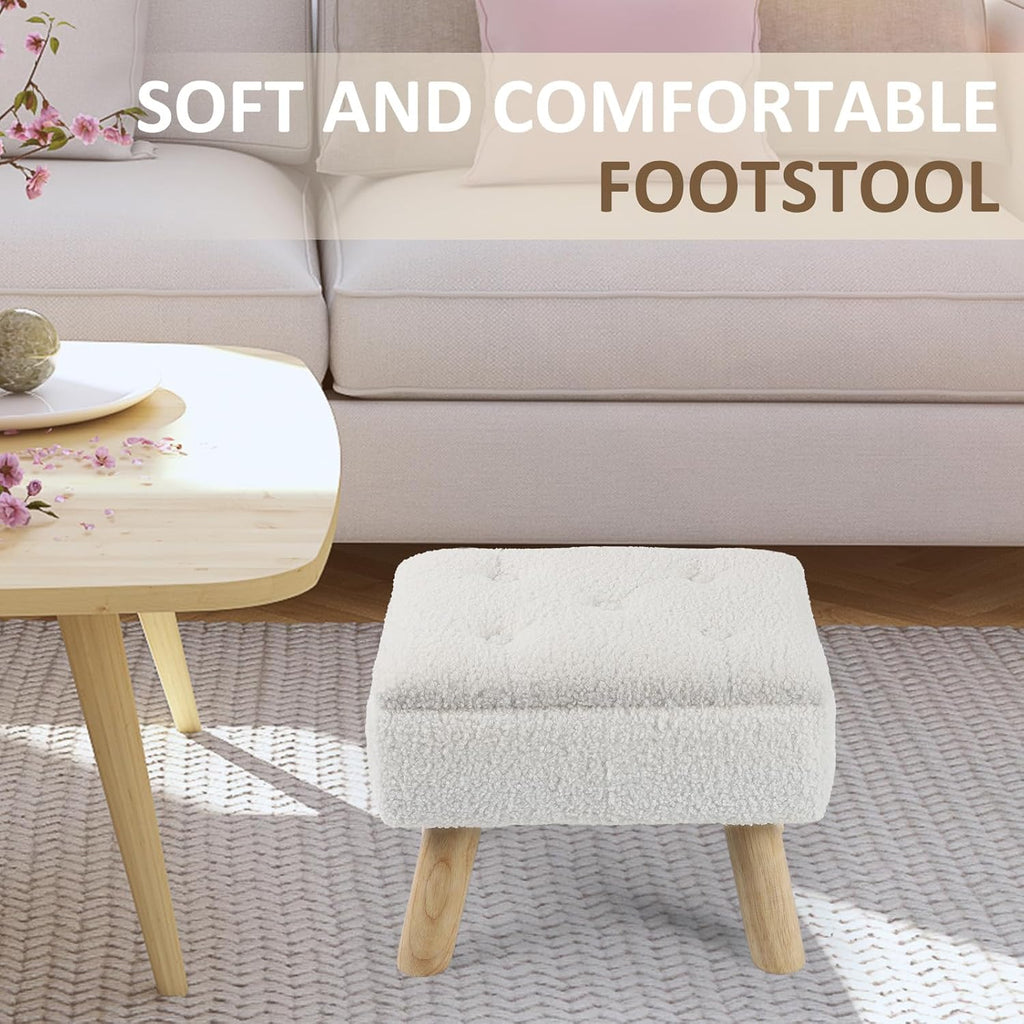 Cream Boucle Storage Foot Stool with Wood Legs