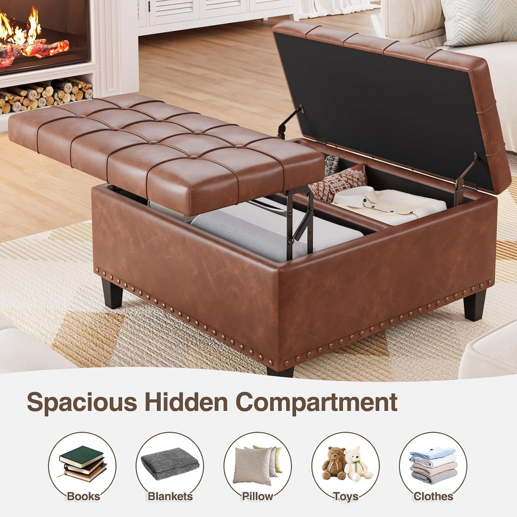 Brown Leather Storage Ottoman
