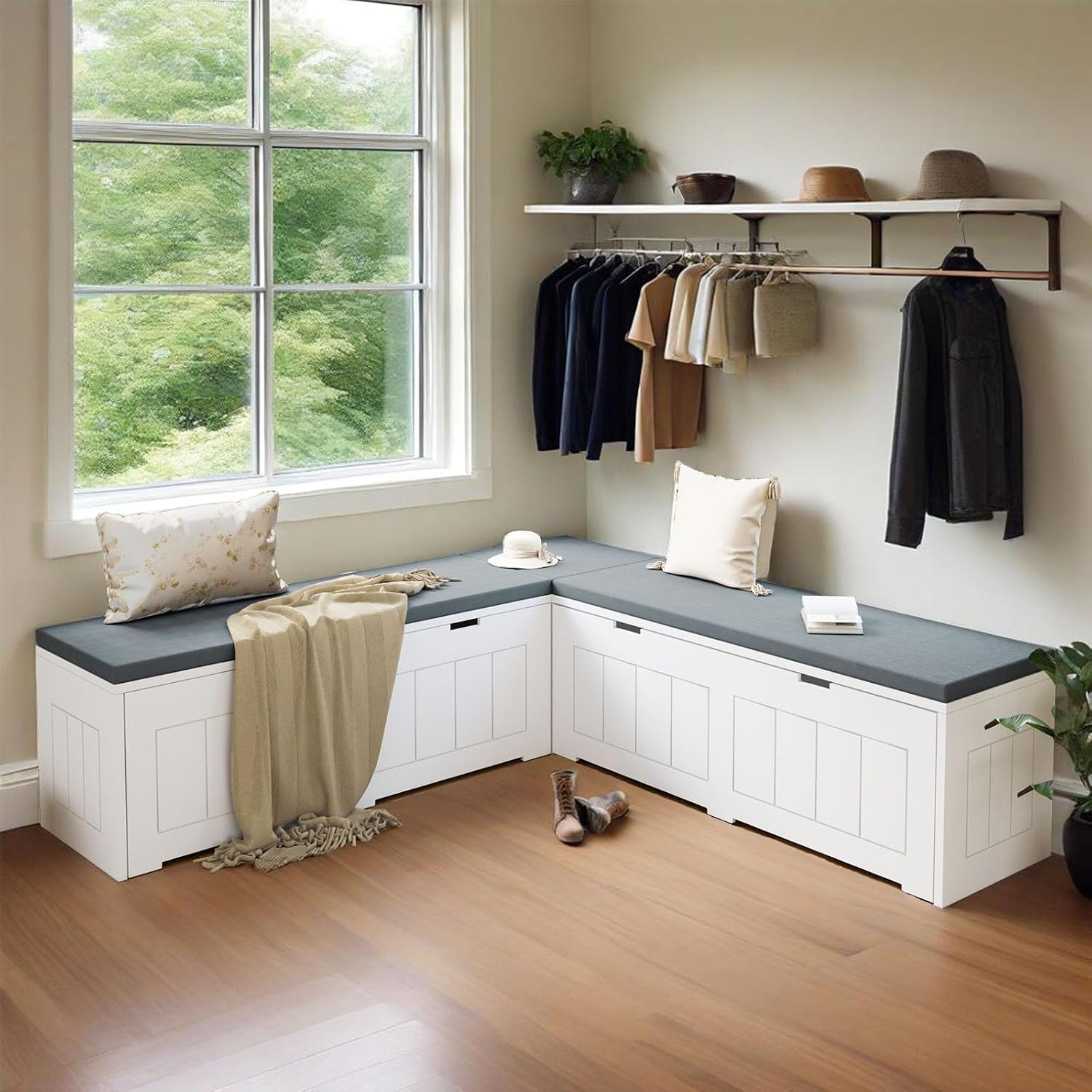 White Grey Flip-Top L-Shaped Storage Nook Bench