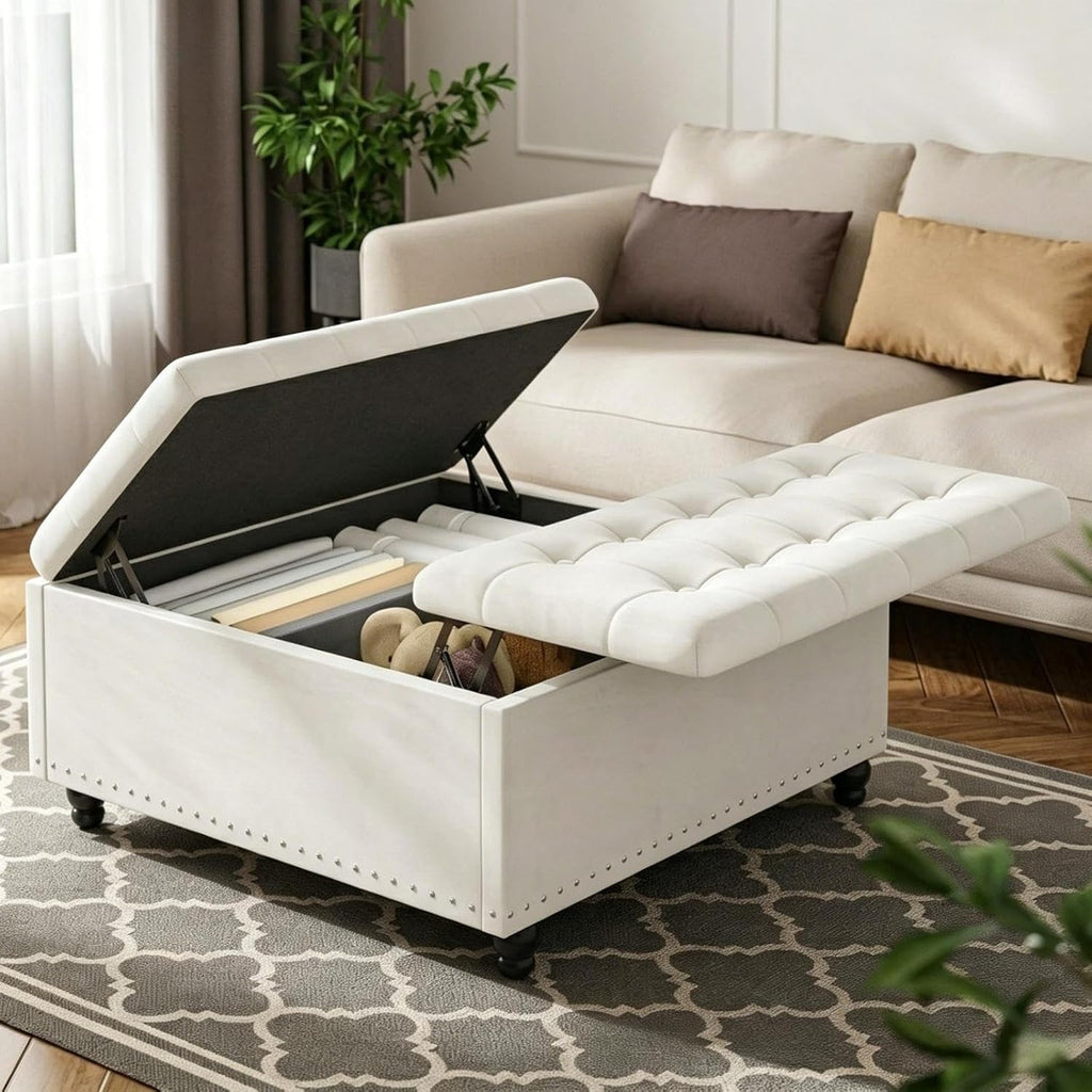 Beige Tufted Storage Ottoman