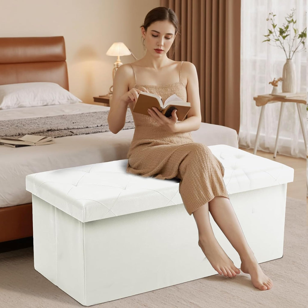 Beige Synthetic Leather Folding Storage Bench