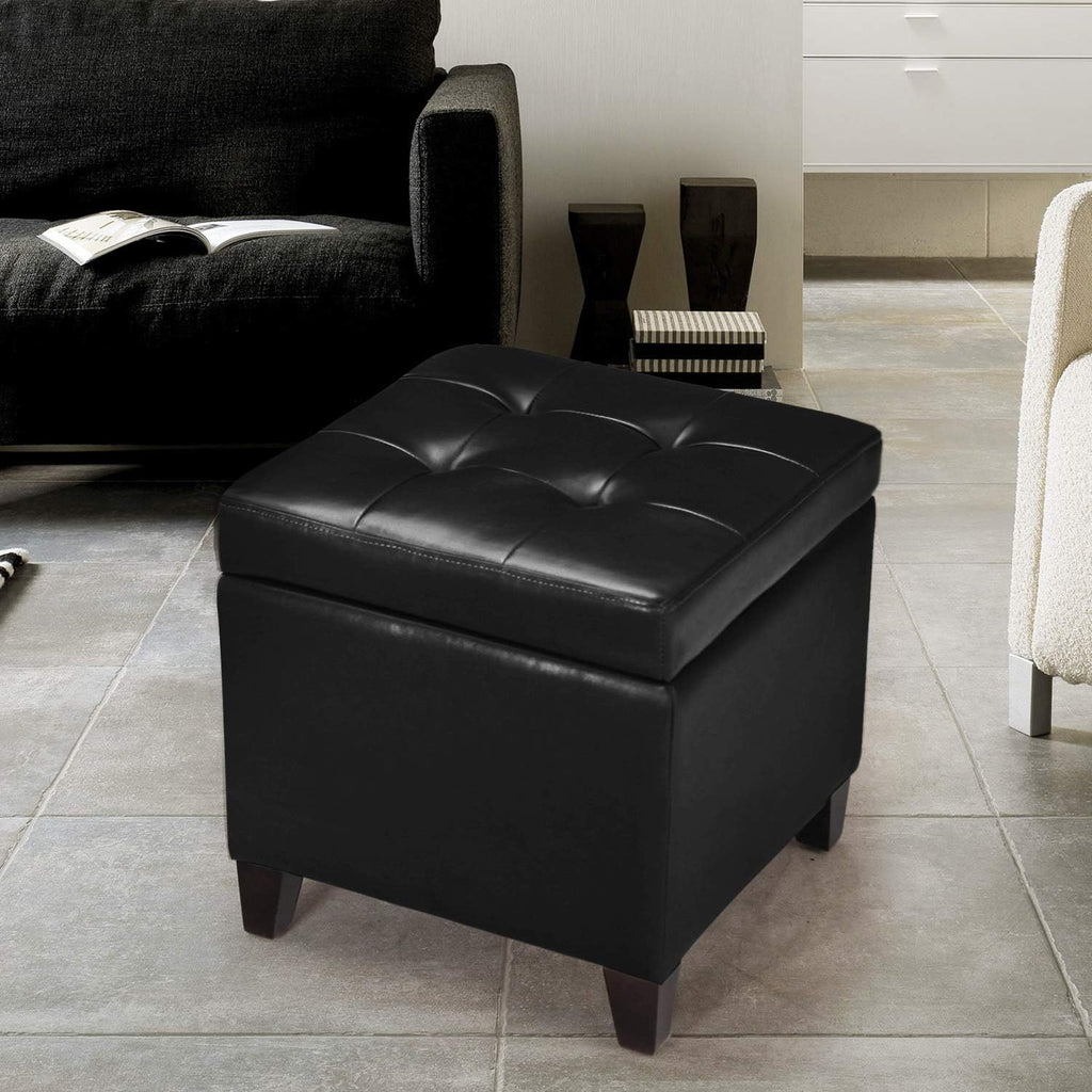 Black Leather Storage Ottoman with Wood Legs