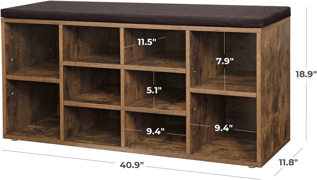 Rustic Brown 10-Compartment Cushioned Shoe Storage Bench