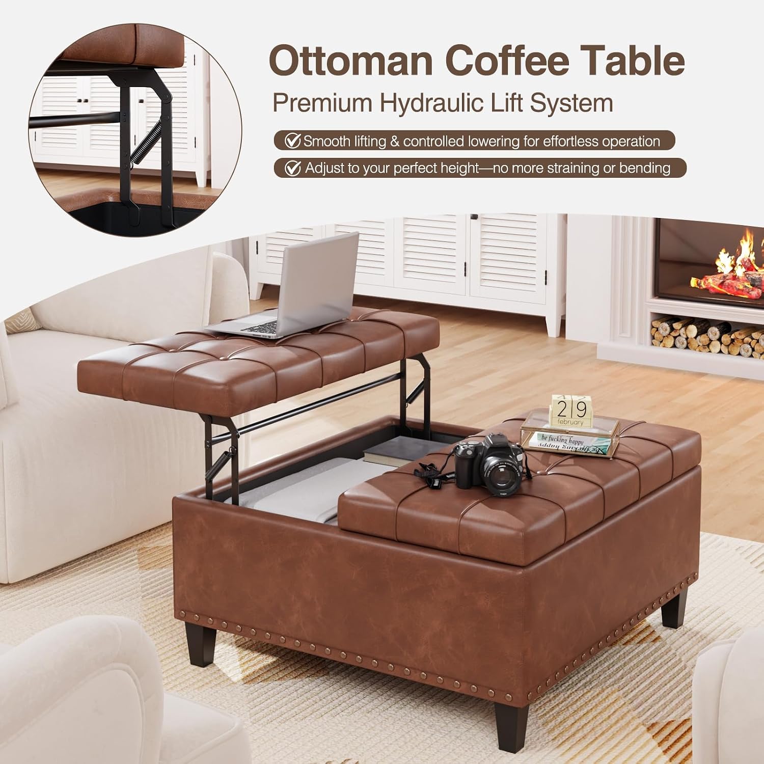 Brown Leather Storage Ottoman