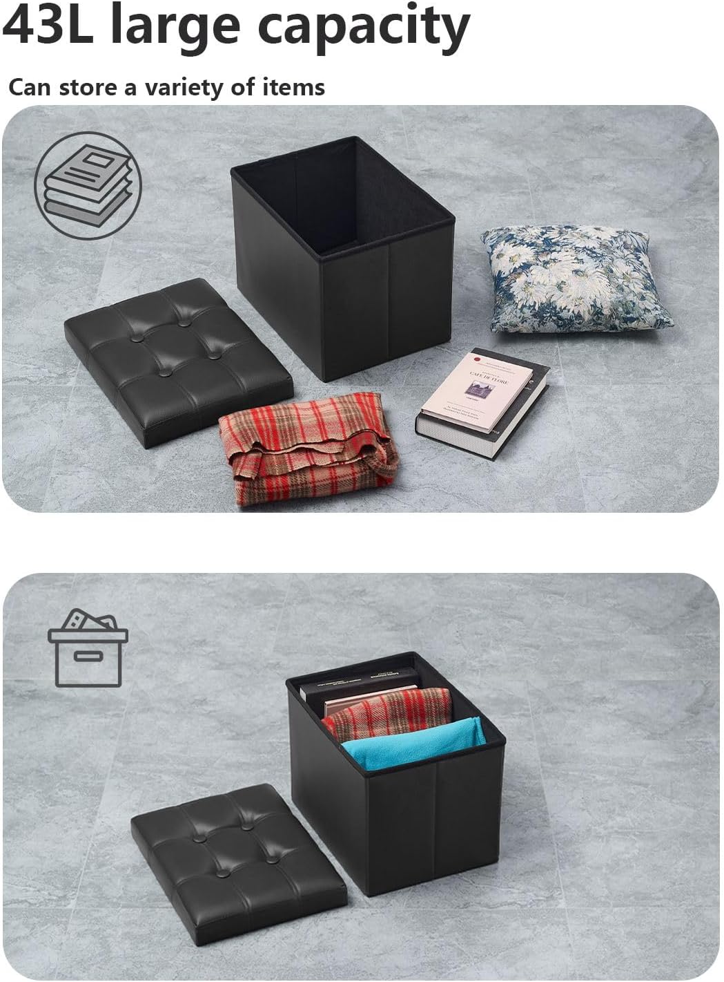 Black 2-Pack Folding Leather Storage Ottomans