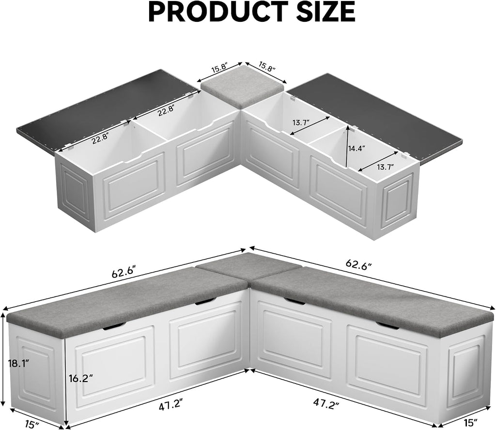 White Grey Lift Top L-Shaped Storage Nook Bench