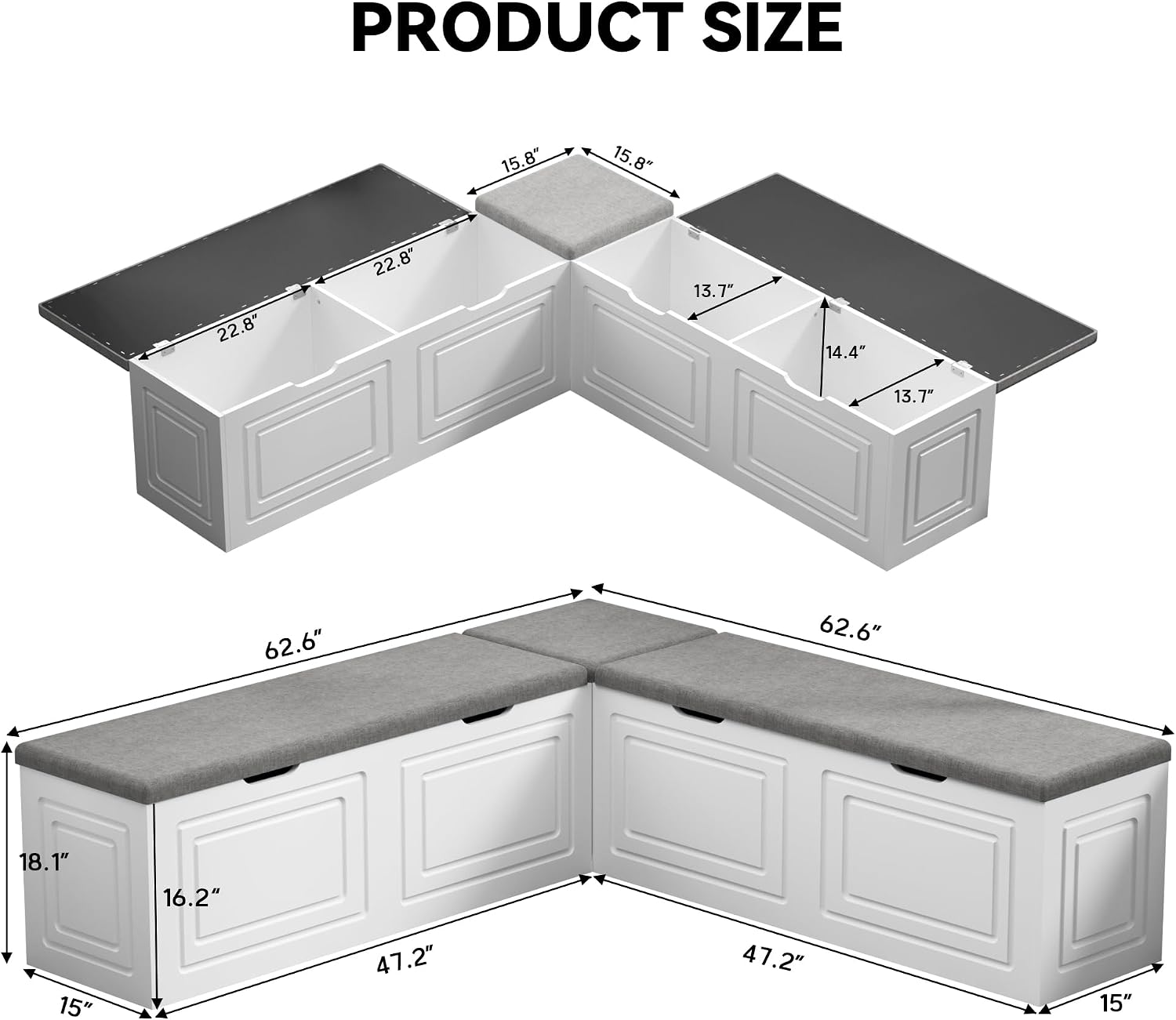 White Grey Lift Top L-Shaped Storage Nook Bench