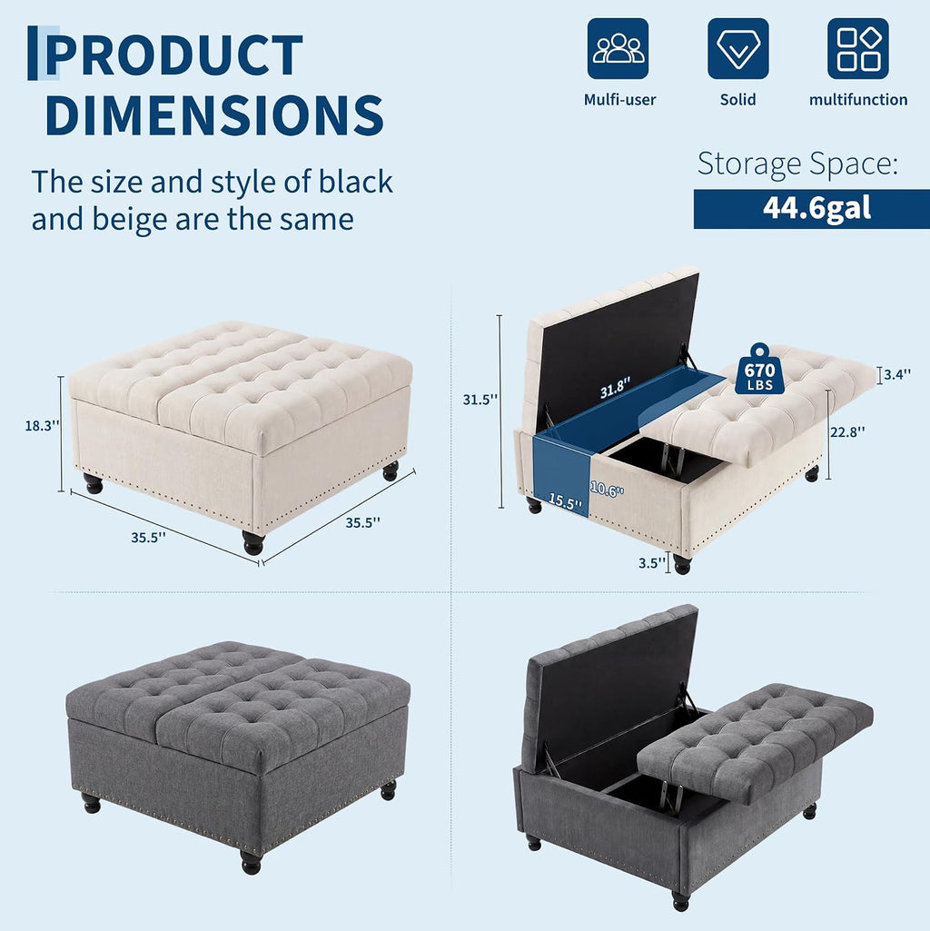 Beige Tufted Storage Ottoman Bench