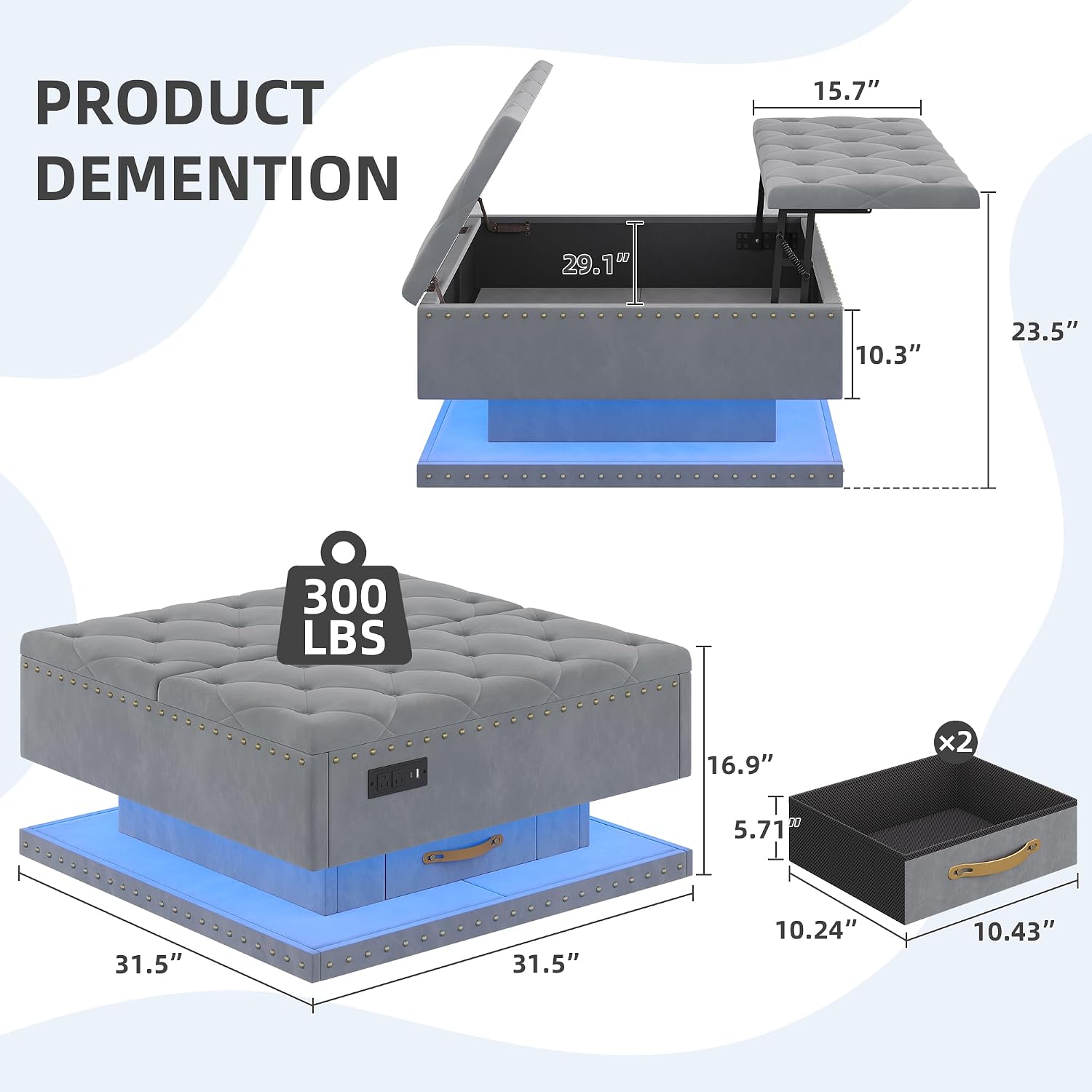 Gray LED Charging Storage Ottoman