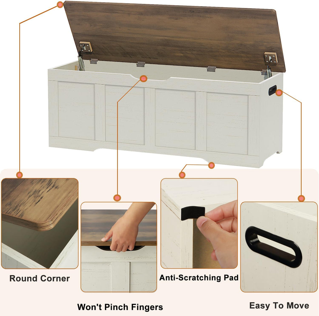 Brown Rustic White Safety Hinge Flip Top Storage Chest Bench