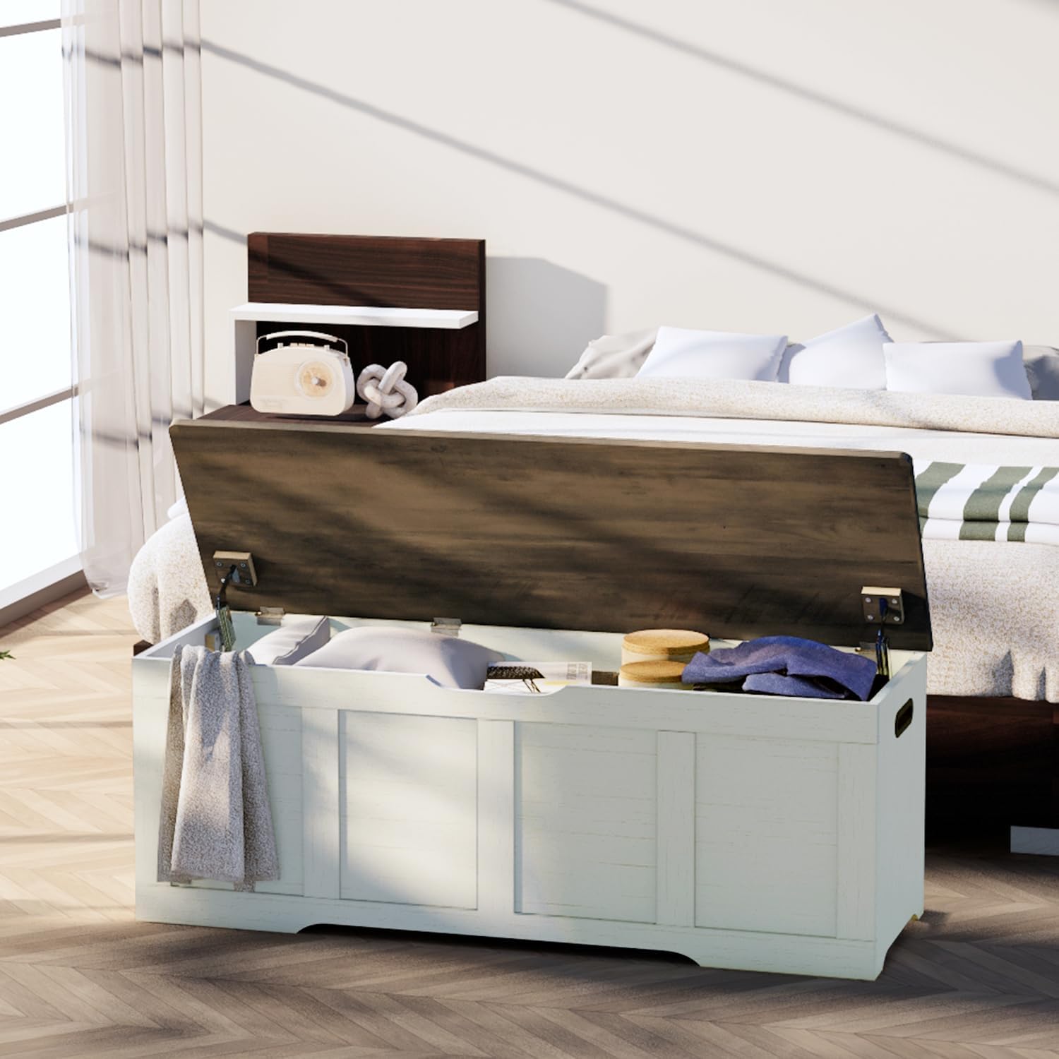 Brown Rustic White Safety Hinge Flip Top Storage Chest Bench