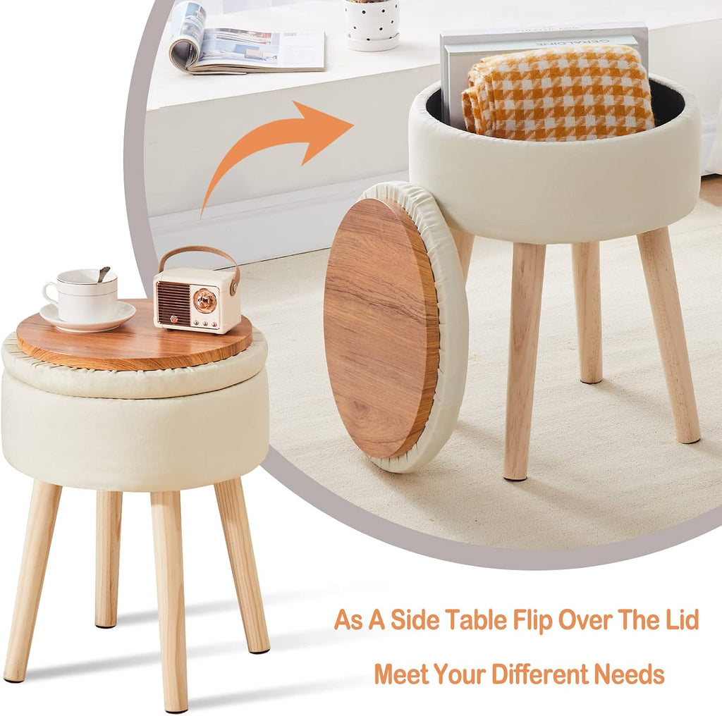 White Linen Round Storage Vanity Stool