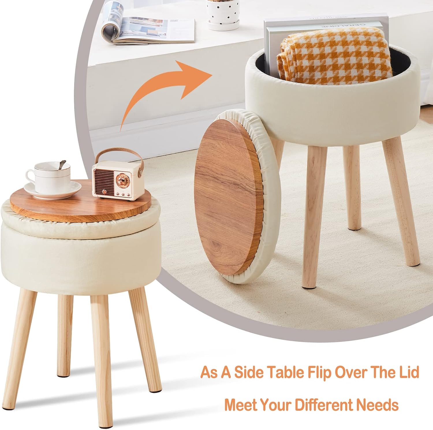 White Linen Round Storage Vanity Stool