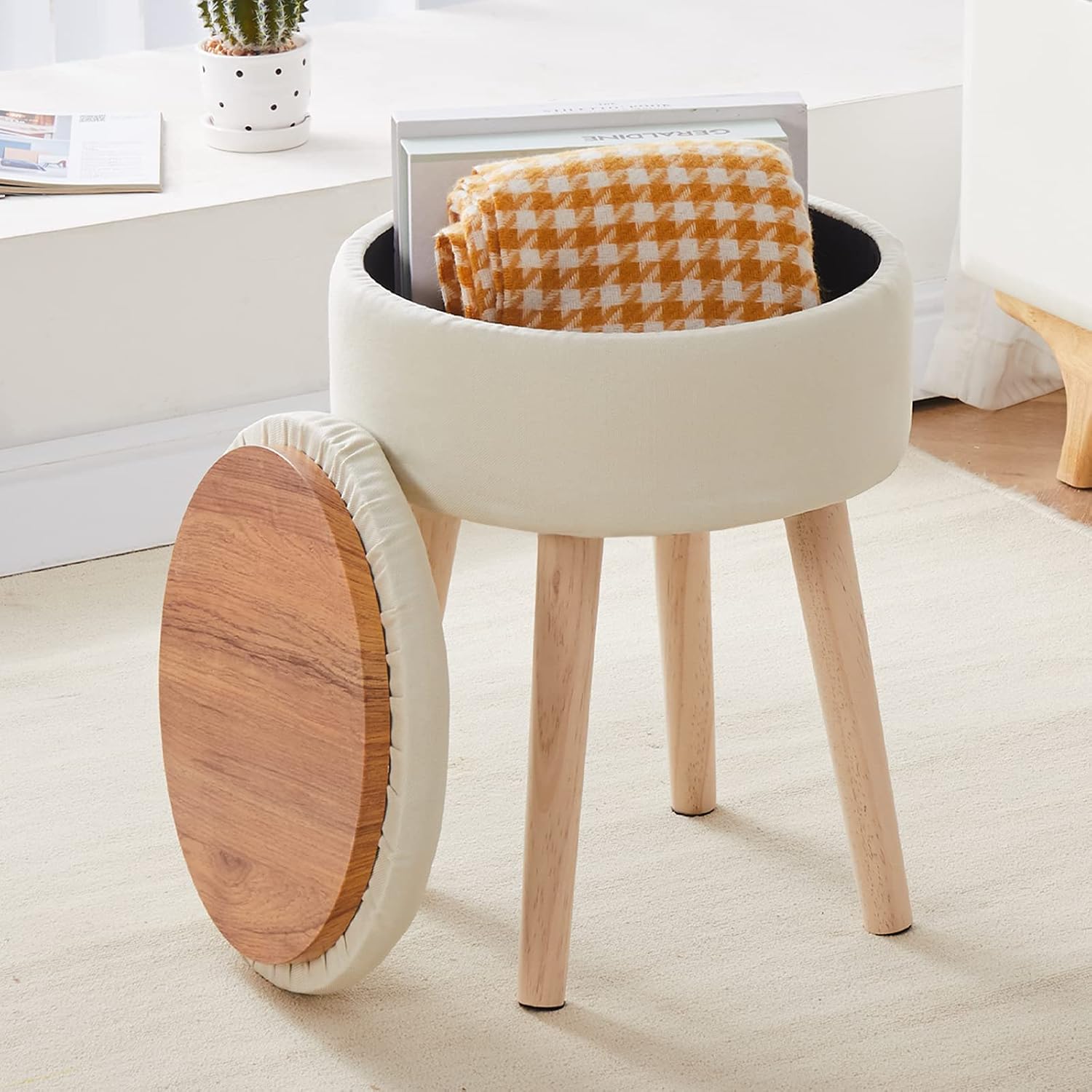 White Linen Round Storage Vanity Stool