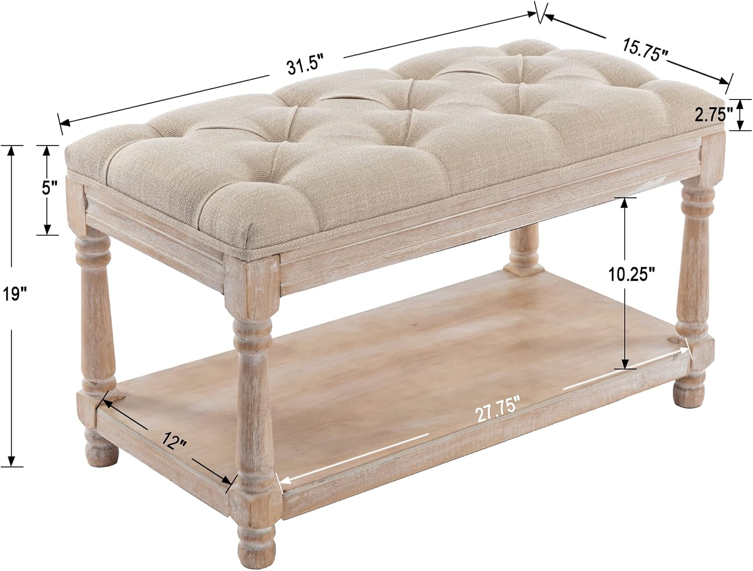 Beige Tufted Linen Storage Shoe Bench