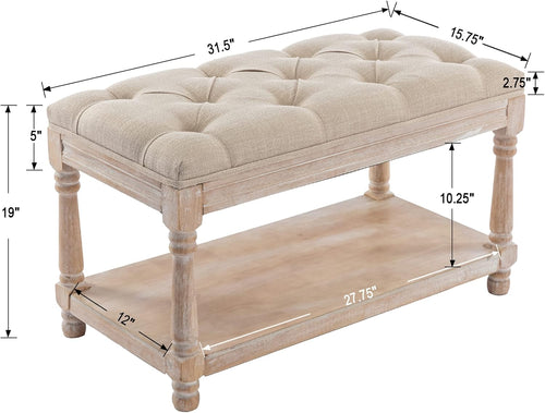 Beige Tufted Linen Storage Shoe Bench