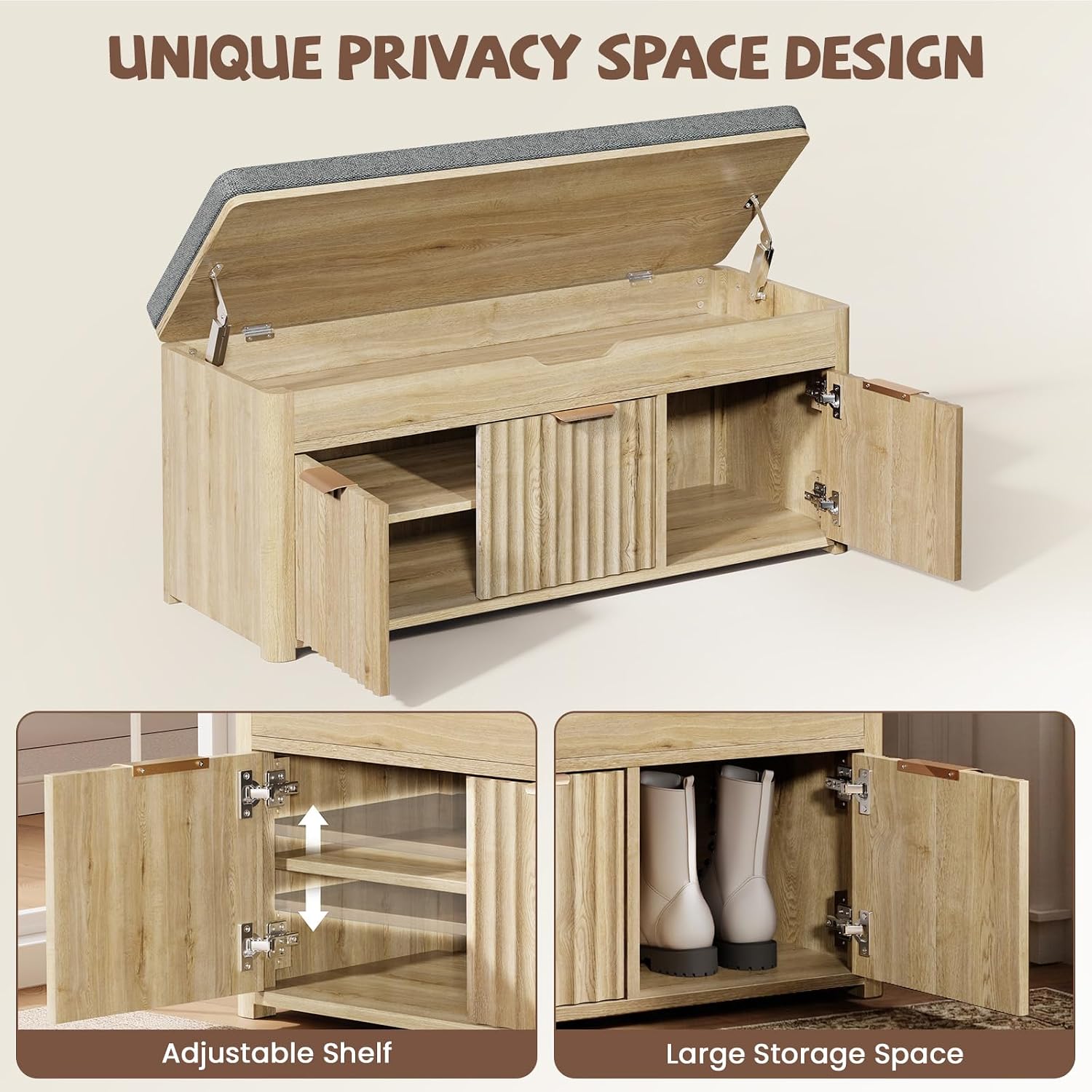 Natural Wood Lift Top Shoe Storage Bench