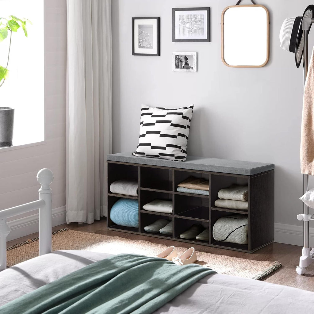 Black 10-Compartment Storage Shoe Bench