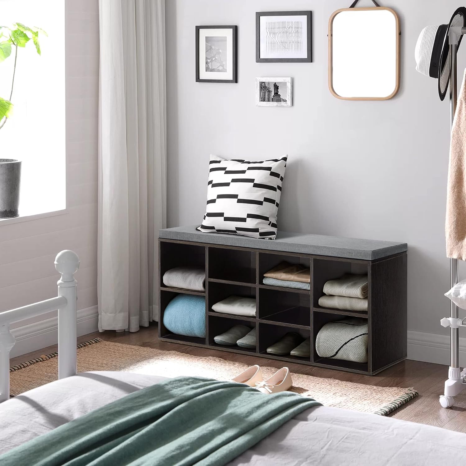 Black 10-Compartment Storage Shoe Bench
