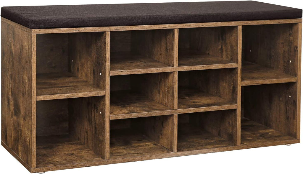 Rustic Brown 10-Compartment Cushioned Shoe Storage Bench