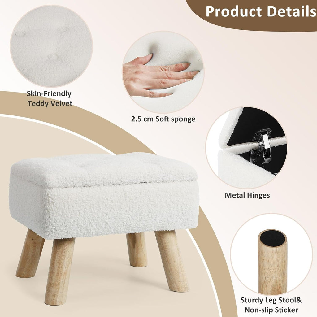Cream Boucle Storage Foot Stool with Wood Legs
