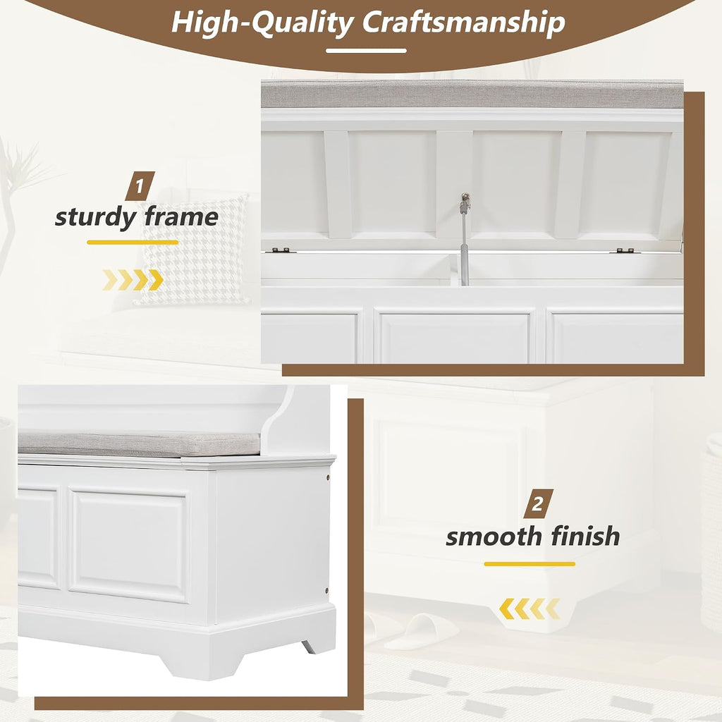 White Farmhouse Cushioned Storage Ottoman Bench