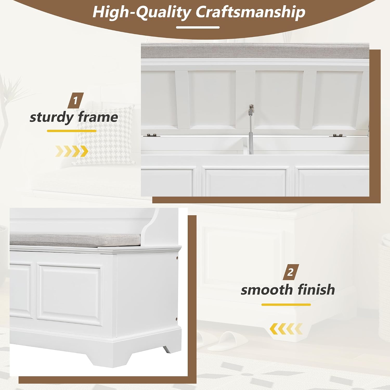 White Farmhouse Cushioned Storage Ottoman Bench