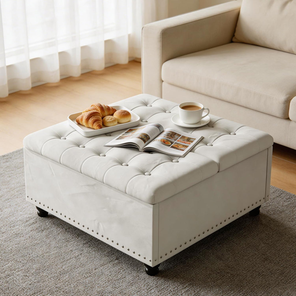 Beige Tufted Storage Ottoman