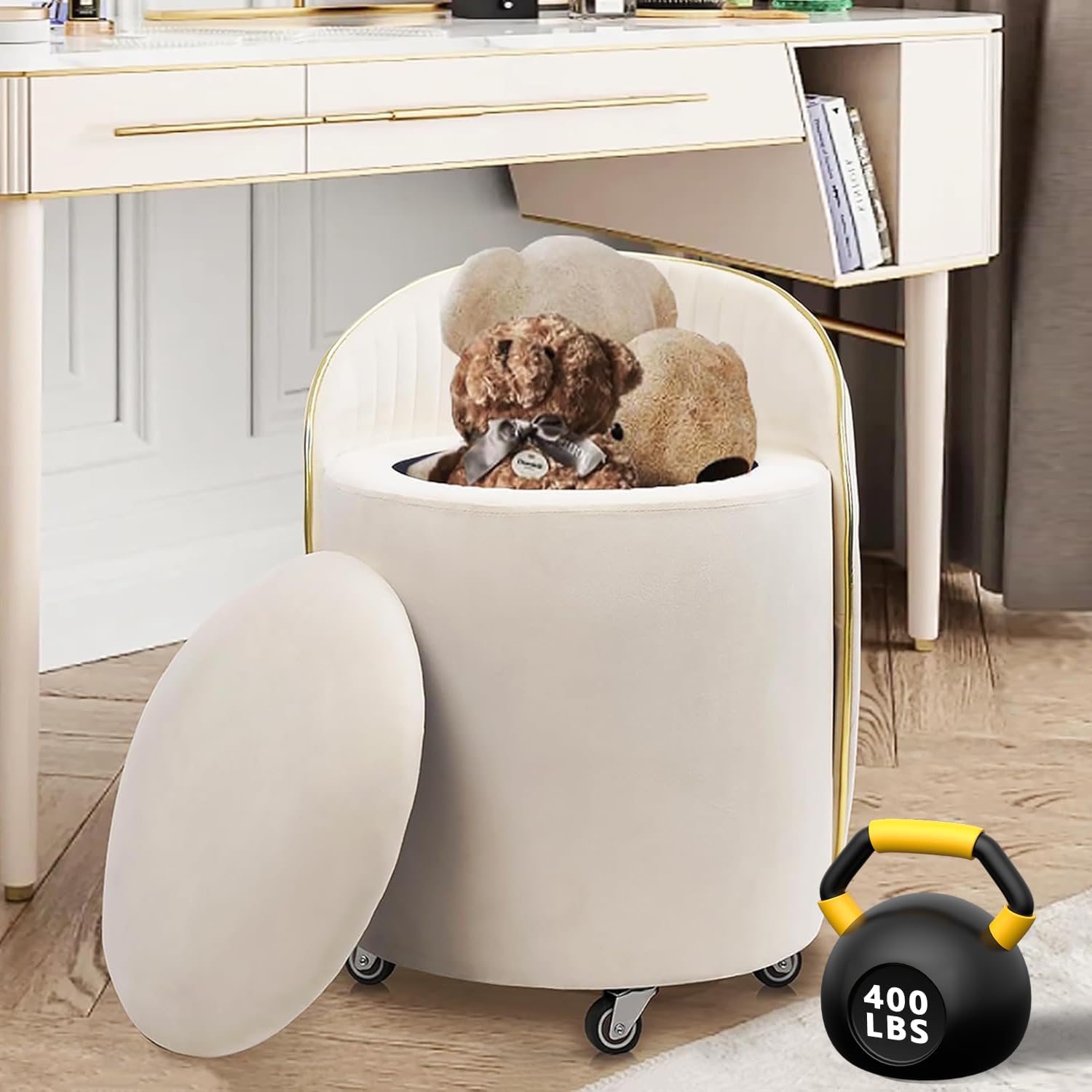 Beige Velvet Swivel Round Storage Ottoman