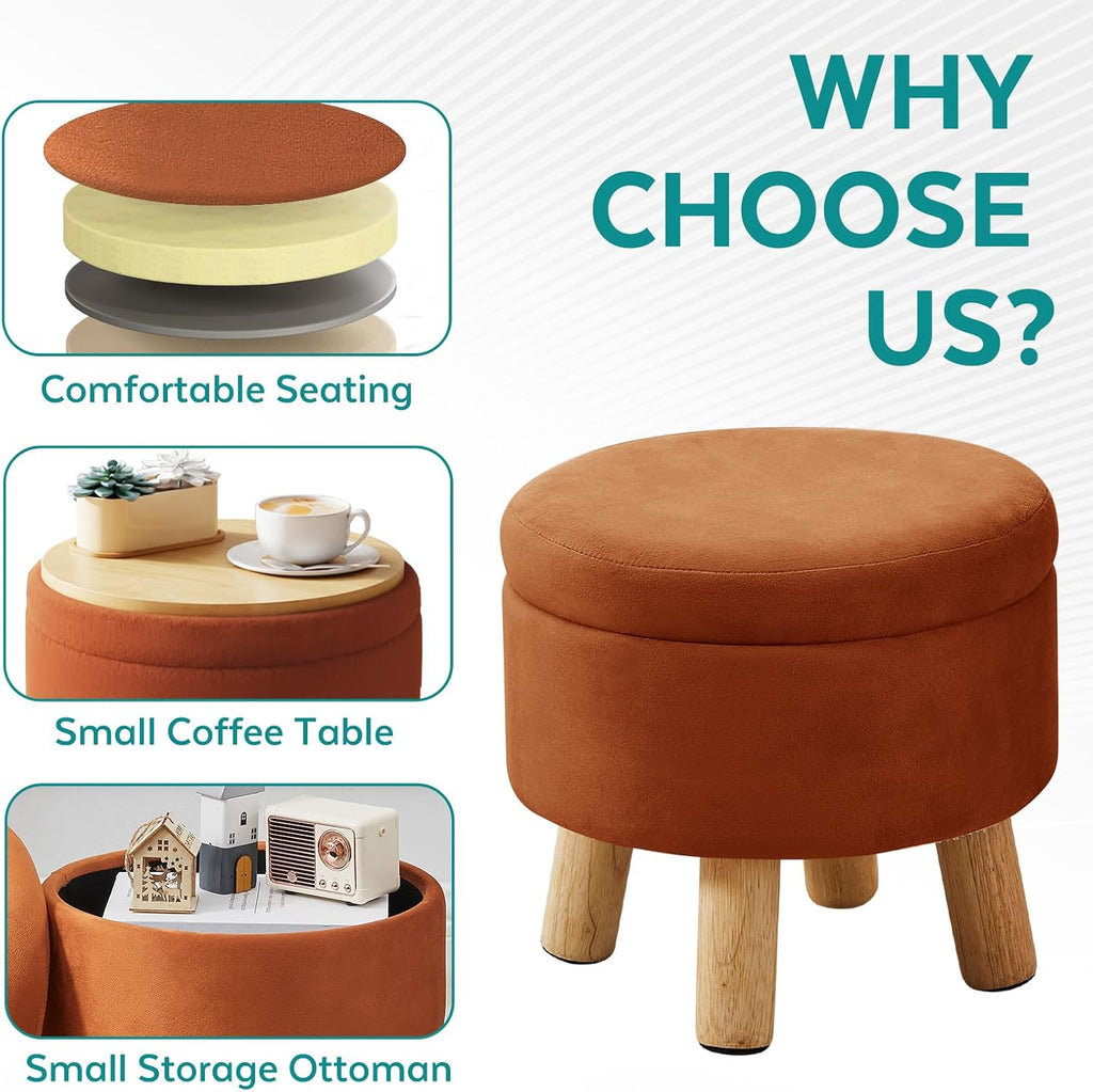 Orange Velvet Round Storage Foot Stool