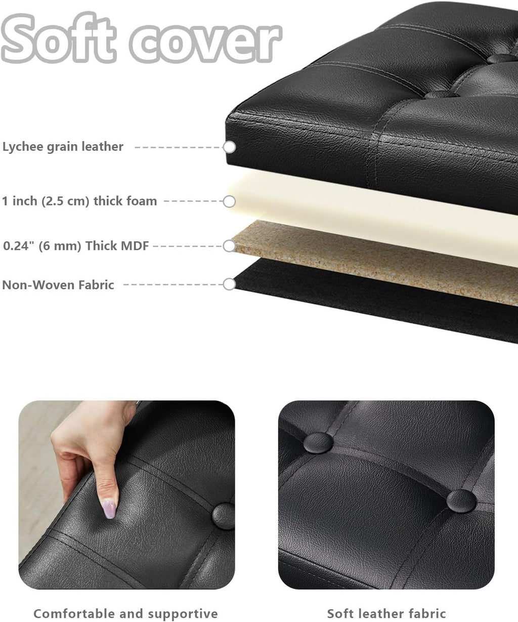 Black 2-Pack Folding Leather Storage Ottomans